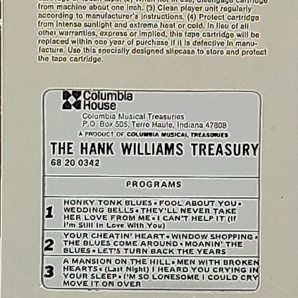 Columbia House 8-Track Tape by Hank Williams Treasury - Picture 4 of 6